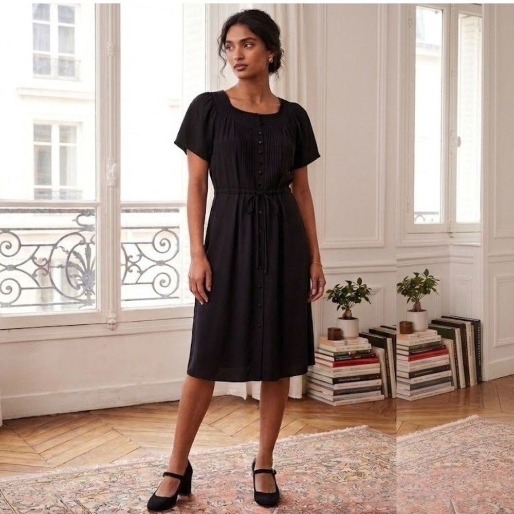 Kate Spade Black 100% Silk Popover Shirt Dress Drawstring Waist Size M